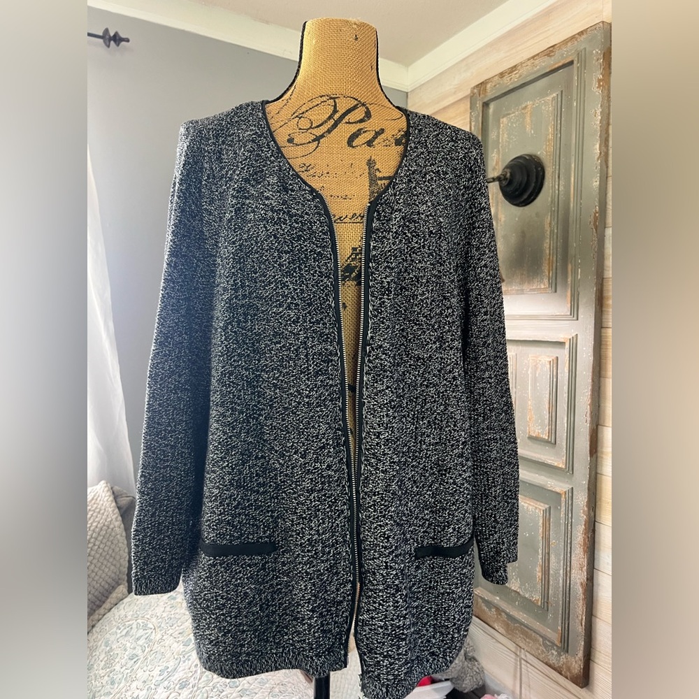 Catherines Black and White Open-Front Bouclé Sweater Cardigan